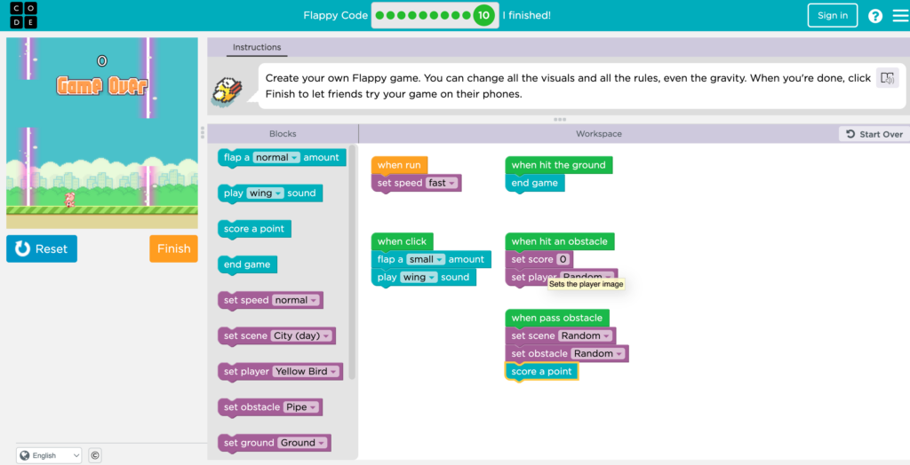 a quick coding of Flappy Bird, using a tutorial from studio.code.org, showing the different blocks used and a small image of the game in action